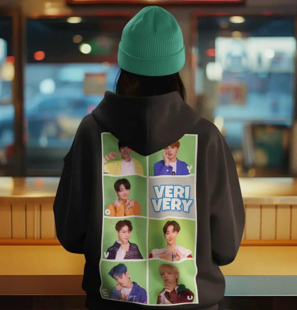 model wearing unisex hoodie with verivery design kpop merch authentic store